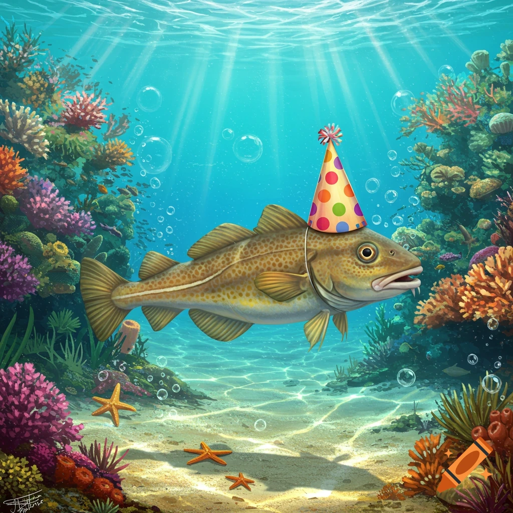An illustration of a cod fish wearing a colorful polka-dot birthday hat, swimming in a vibrant coral reef with sunbeams from above.
