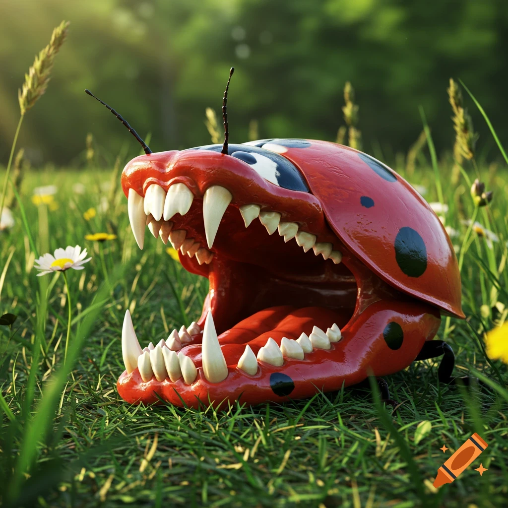 A red and black ladybird with a huge, open mouth full of sharp teeth sits in a grassy field with daisies, in a stylized render.