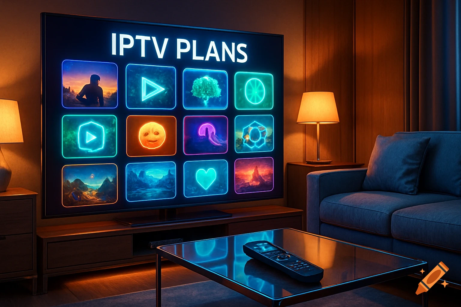 A photorealistic image of a large television displaying 'IPTV PLANS' with a grid of colorful, glowing app icons, in a dimly lit living room with a sofa and a remote control on a glass coffee table.