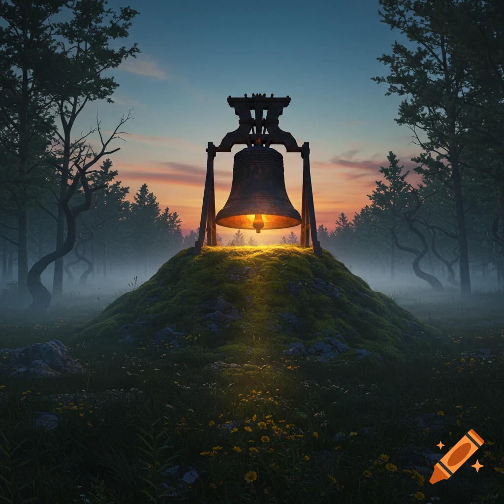 A large, glowing iron bell sits atop a mossy mound in a misty forest at sunset, light rays emanating from it. Photorealistic.