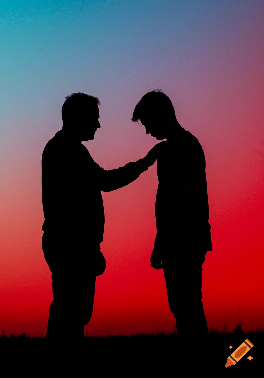 Silhouette of a man comforting another man who looks down, against a vibrant red and blue gradient sky.