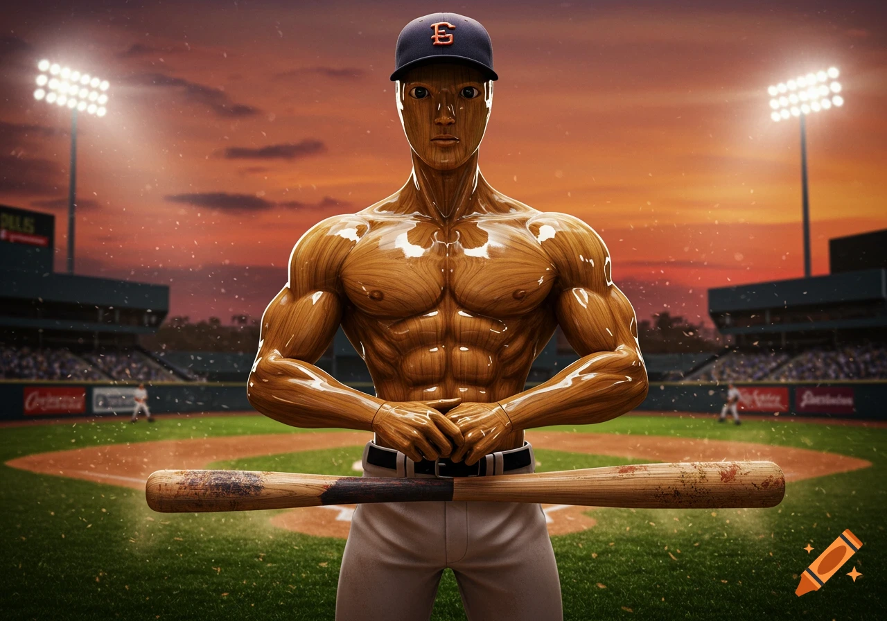 A muscular, stylized wooden man wearing a baseball cap holds a bat on a baseball field at sunset.