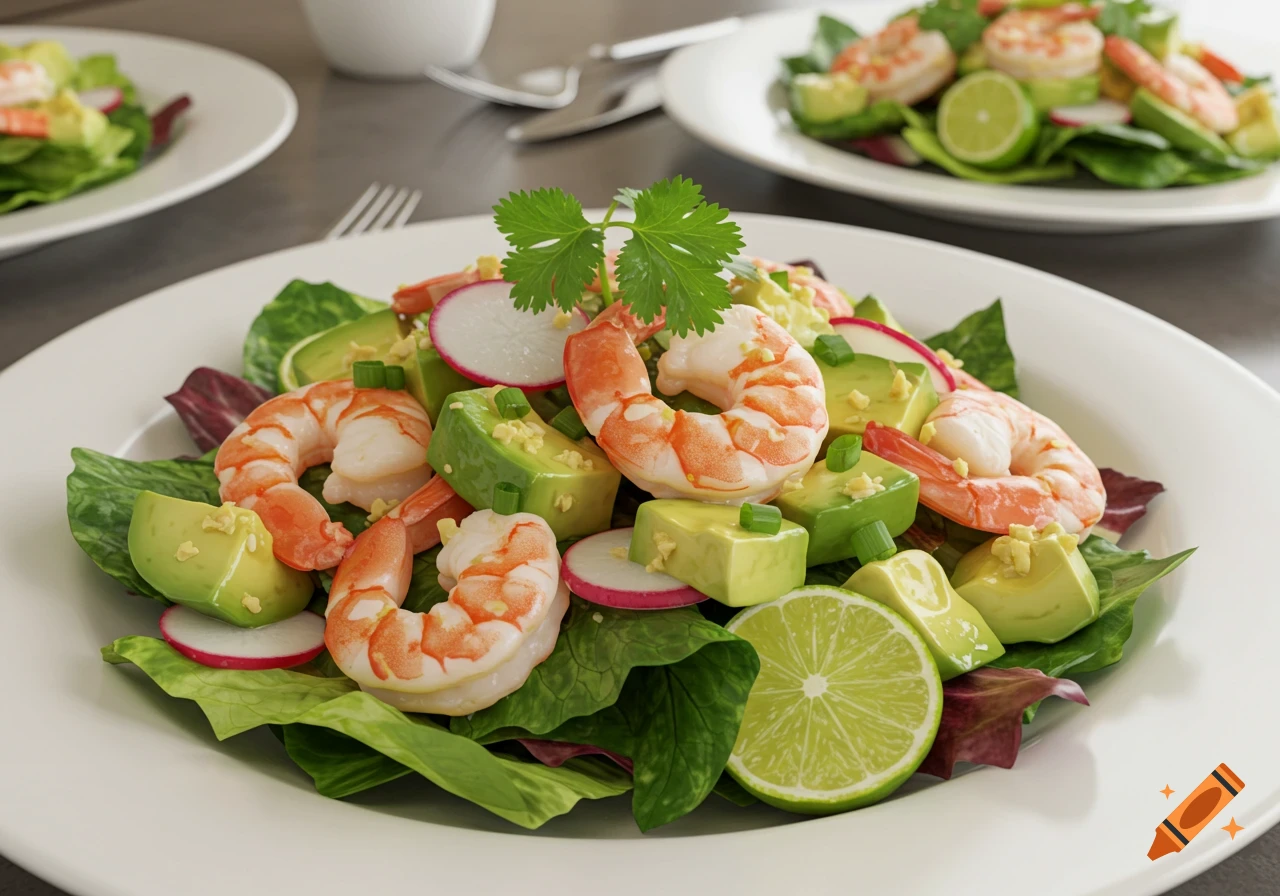 A photorealistic close-up of a shrimp and avocado salad with radishes, lime, and cilantro garnish on a white plate.