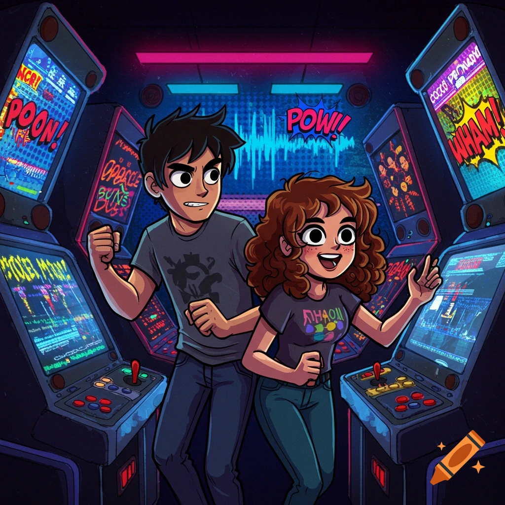 Two cartoon characters, a boy and a girl, in Scott Pilgrim style, excitedly play arcade games in a neon-lit arcade.