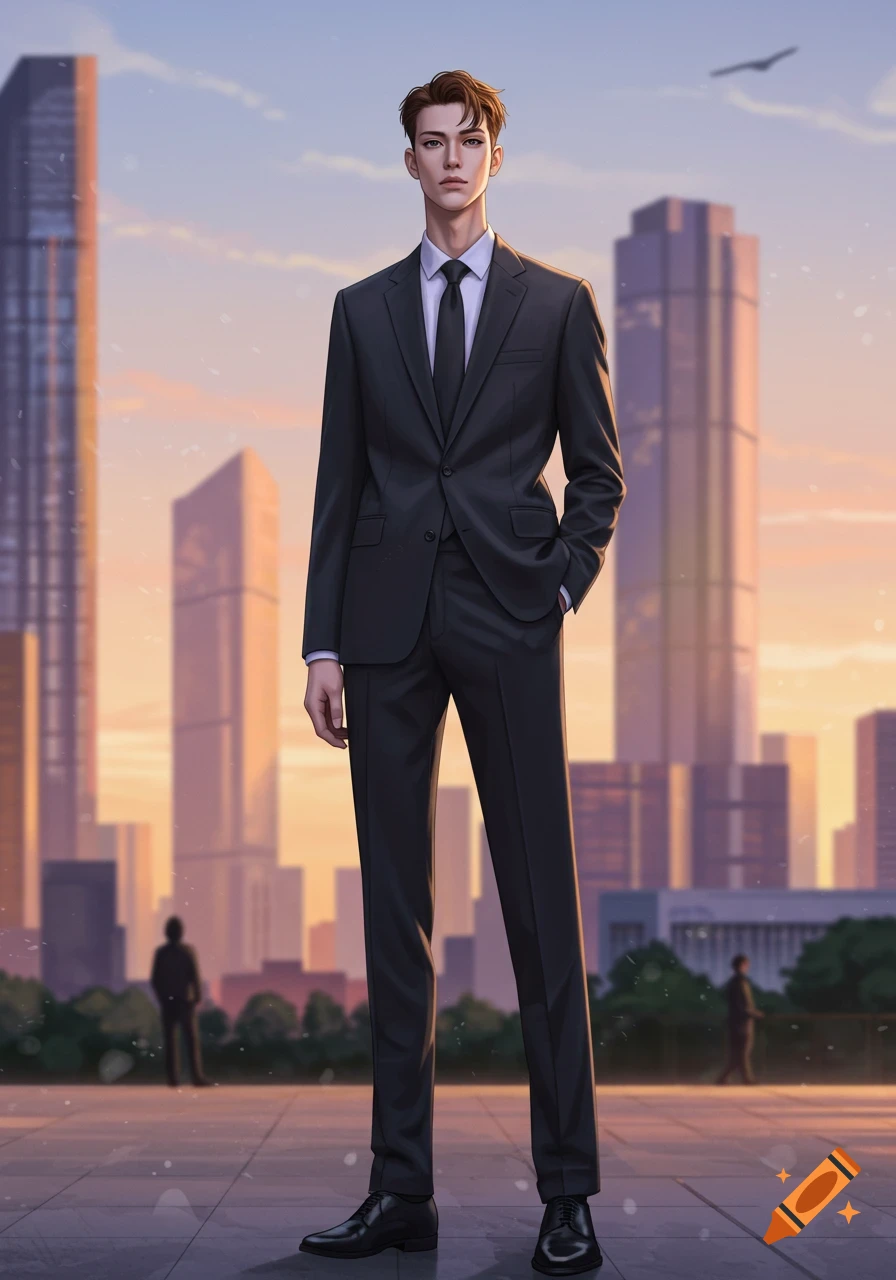 An anime-style man in a dark suit stands confidently in a city at sunset, one hand in his pocket.