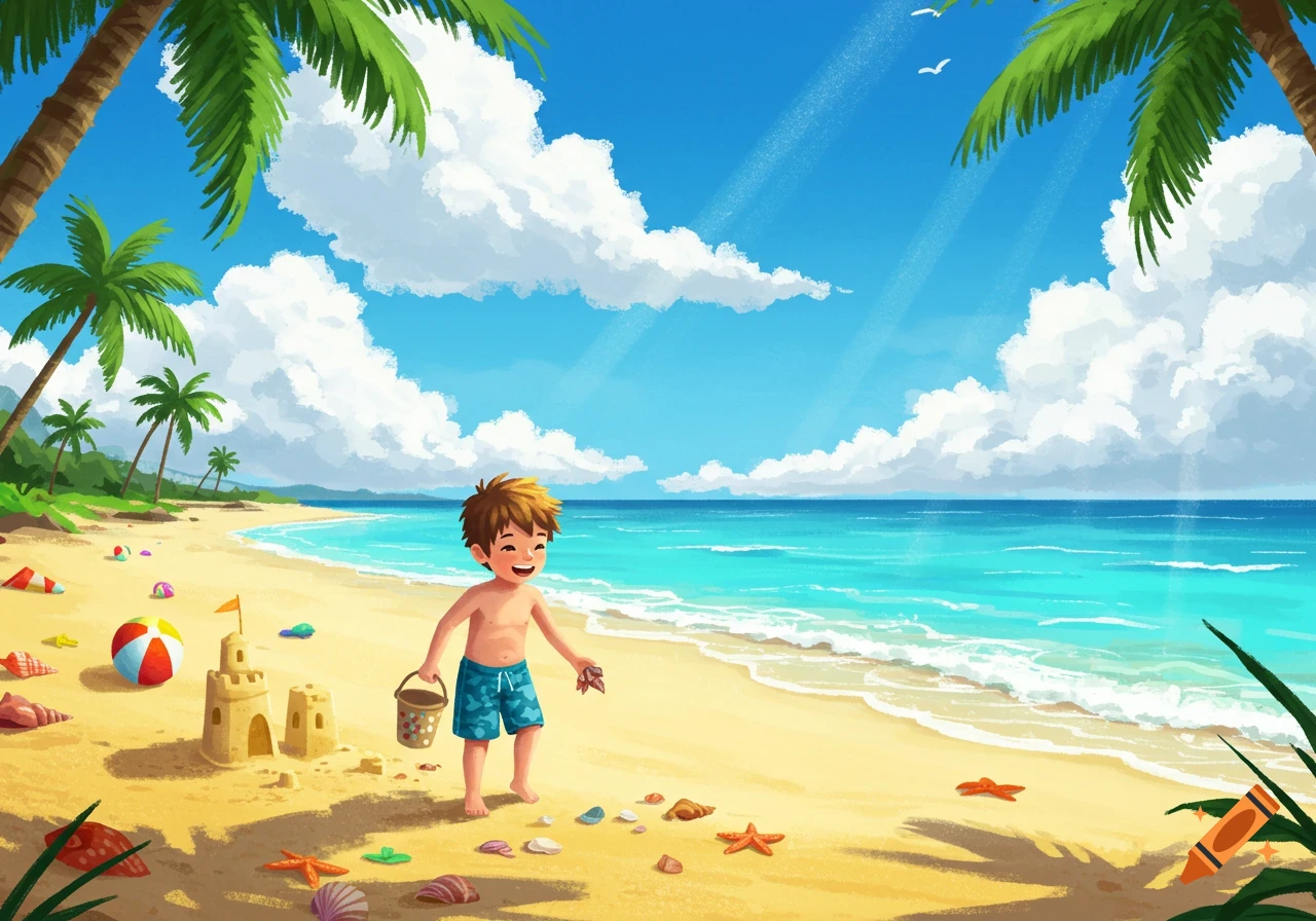 Smiling cartoon boy with a bucket and shell on a sunny beach with sandcastles, palm trees, and blue ocean.
