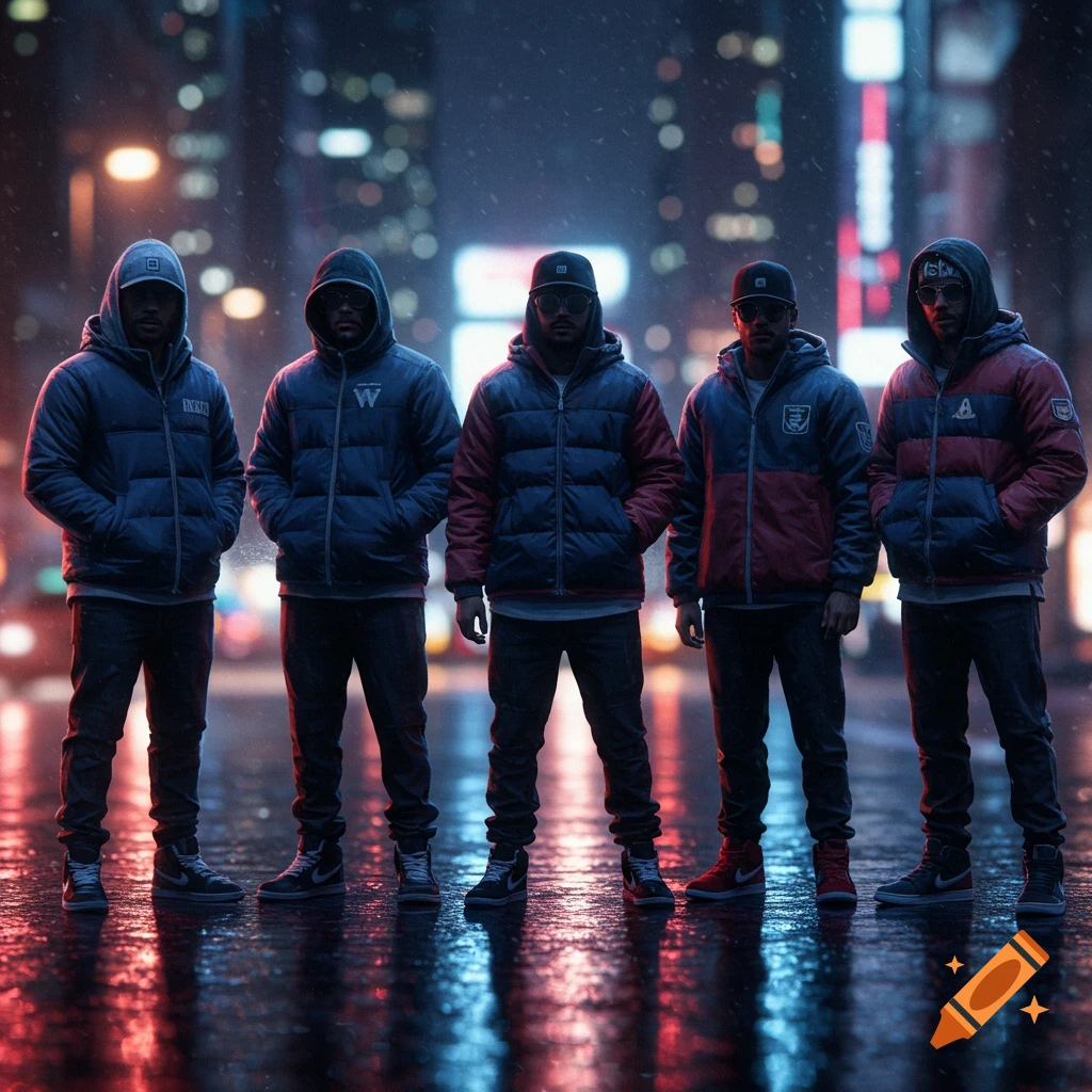 Five men in hooded puffer jackets stand on a wet city street at night, illuminated by neon lights and reflections.