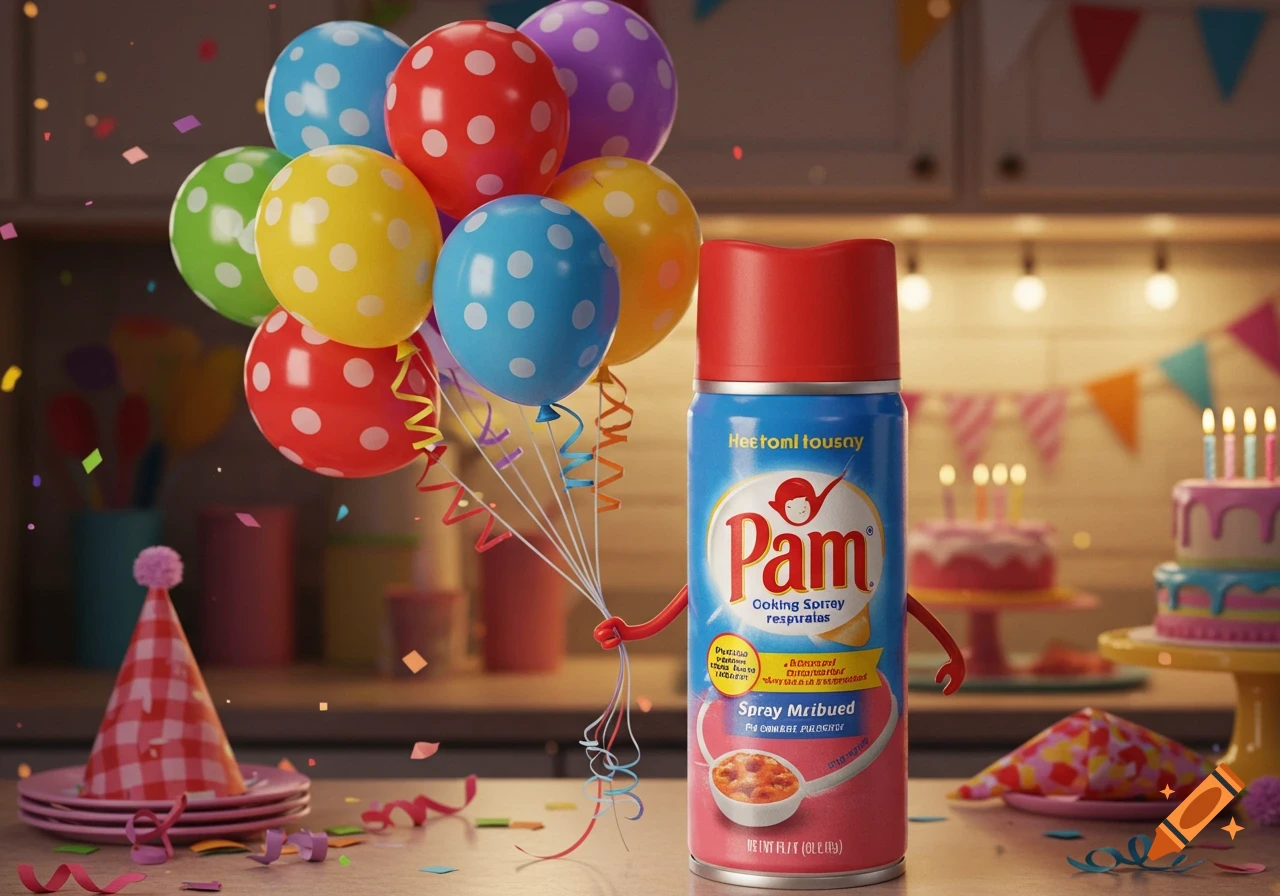 An anthropomorphic Pam cooking spray can holds colorful polka-dot birthday balloons at a brightly lit party with cakes and confetti.