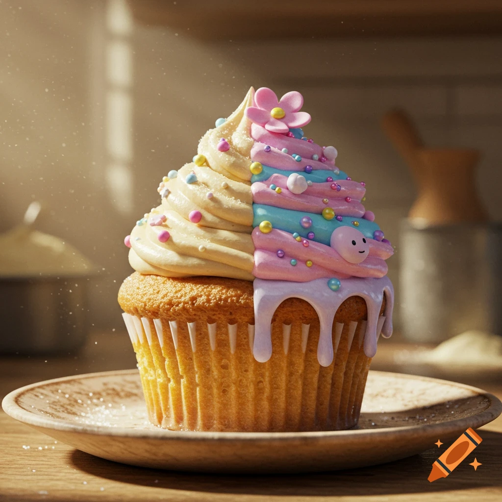 Photorealistic cupcake, half decorated with vanilla frosting and half with pink, blue, and white frosting, sprinkles, and a pink flower on a wooden plate.