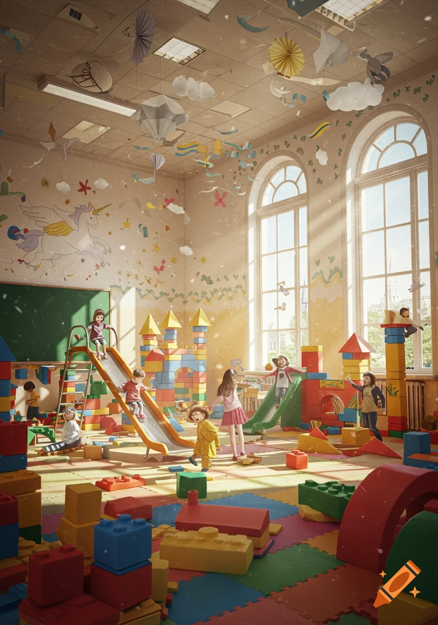 Children playing in a colorful classroom filled with building blocks and slides, bathed in sunlight from large windows.