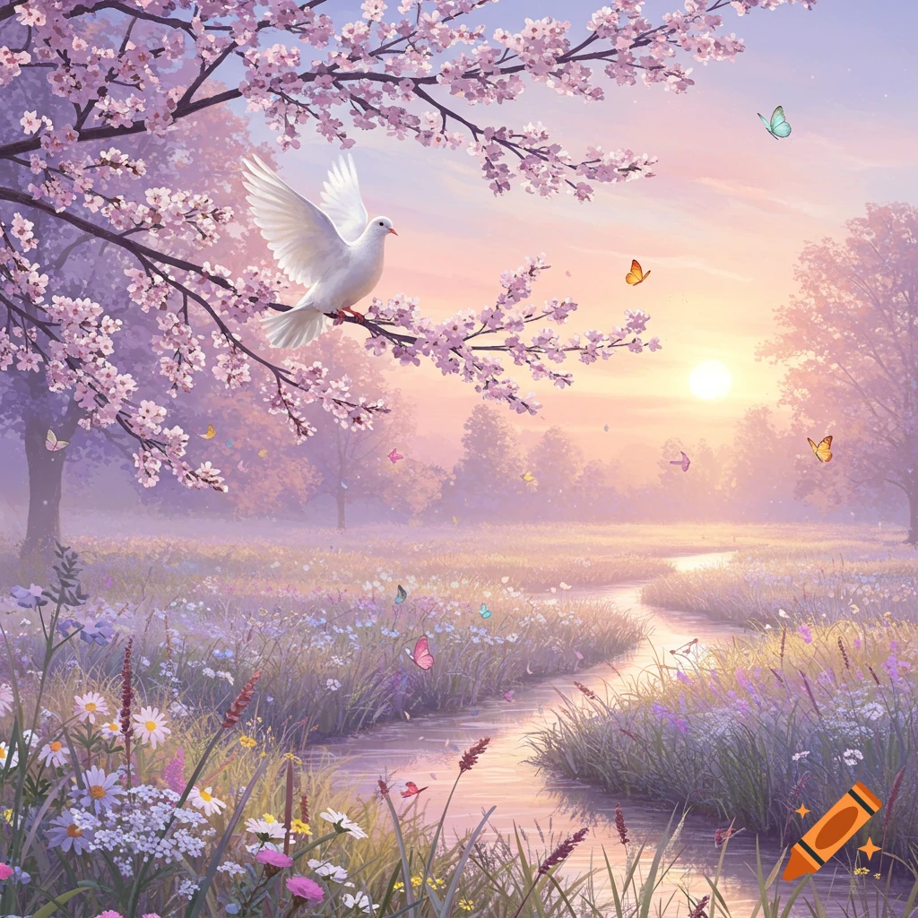 A serene pastel landscape with a white dove on a cherry blossom branch, butterflies, a winding stream, and soft sunset.