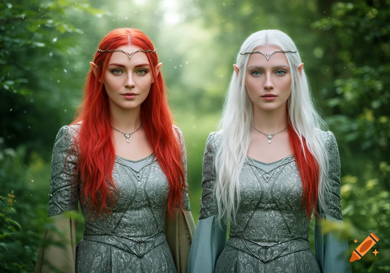 Two fair-skinned young female elves, one with long red hair and green eyes, the other with long white hair and blue eyes, wearing elaborate grey fantasy gowns, standing in a lush green forest.
