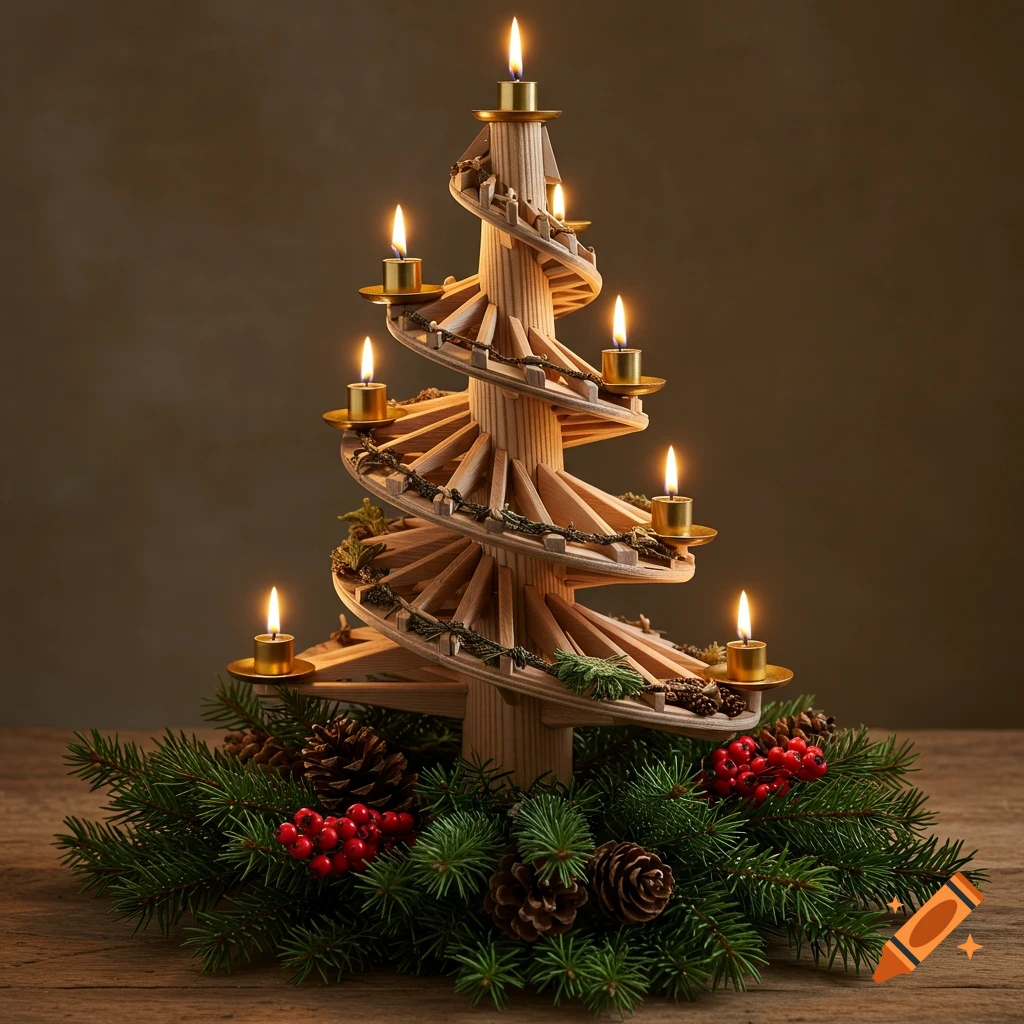 Photorealistic image of a wooden spiral Christmas tree decoration with lit candles, surrounded by pine branches, red berries, and pinecones.