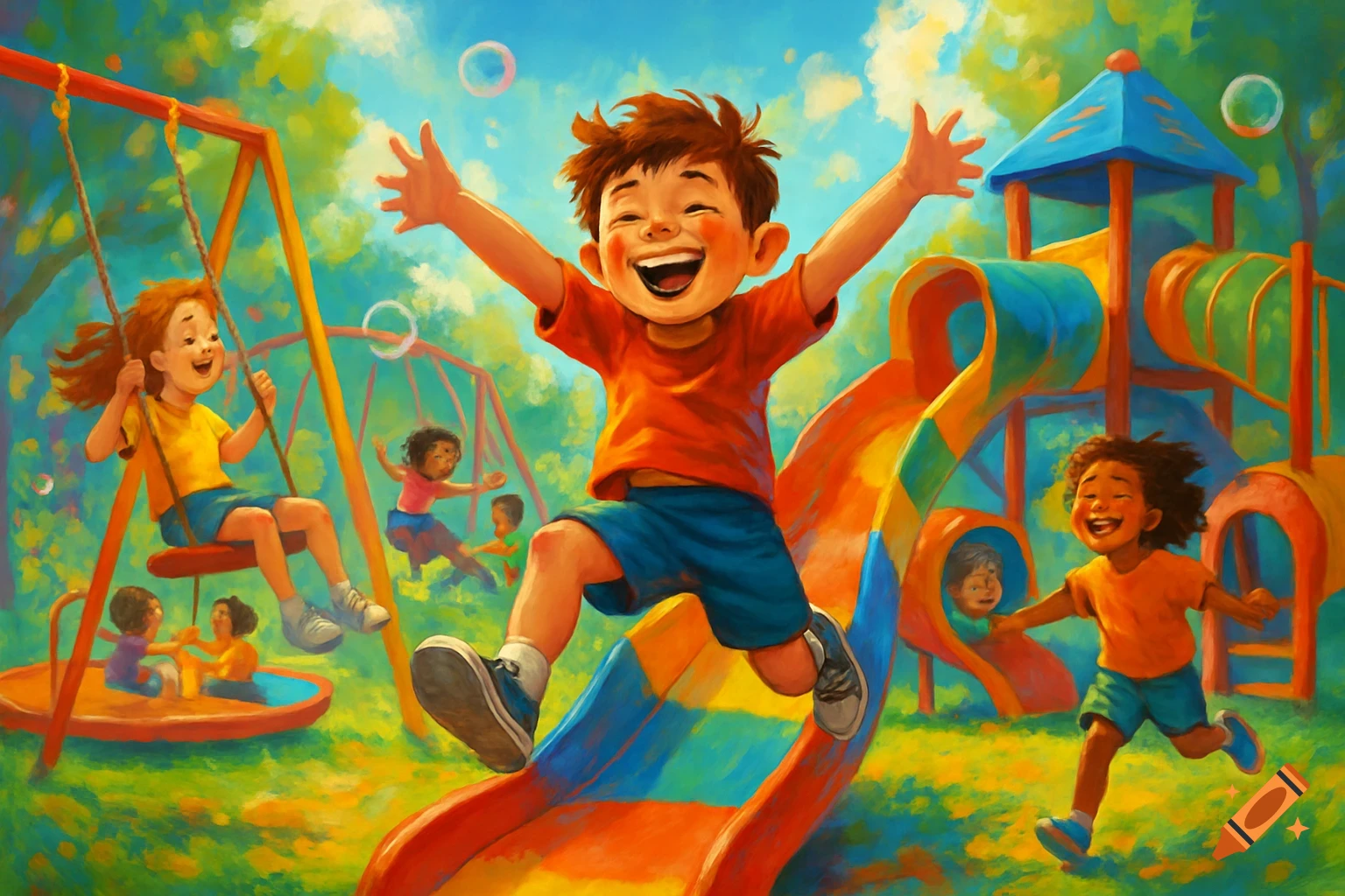 A vibrant, painterly illustration of happy children playing in a colorful playground with slides, swings, and bubbles.