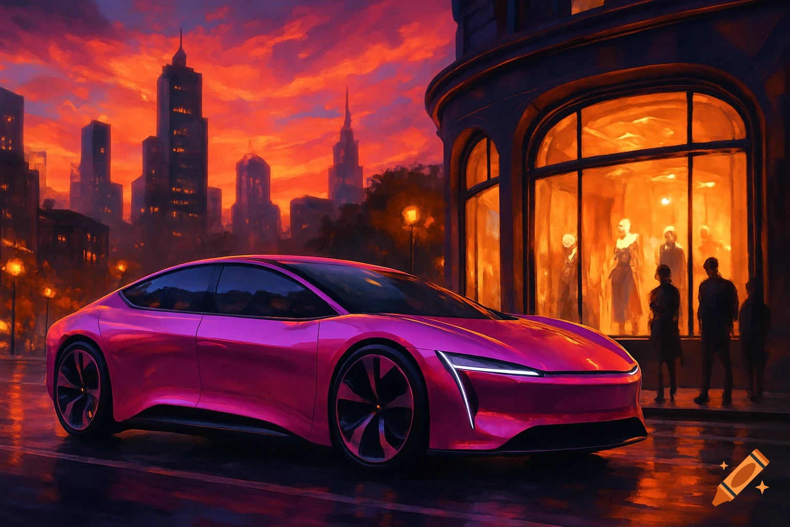 A vibrant digital painting of a sleek pink futuristic car parked on a wet city street at sunset, with a luxury shop and tall buildings in the background.