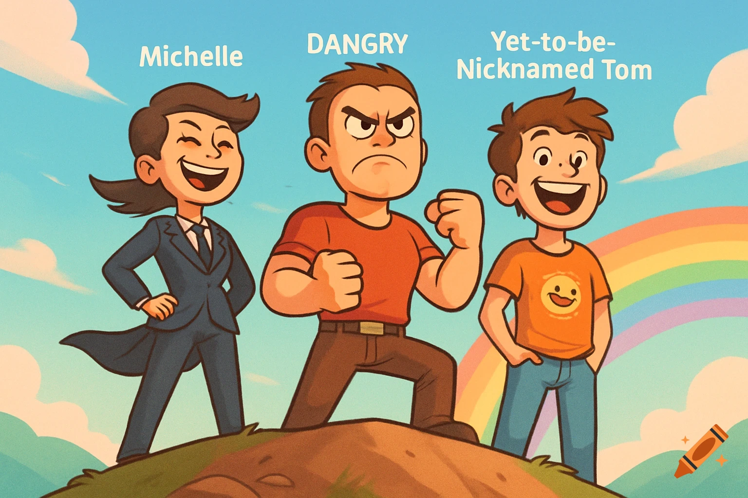Cartoon image of three characters standing on a hill under a rainbow: Michelle, Dangry, and Yet-to-be-Nicknamed Tom.
