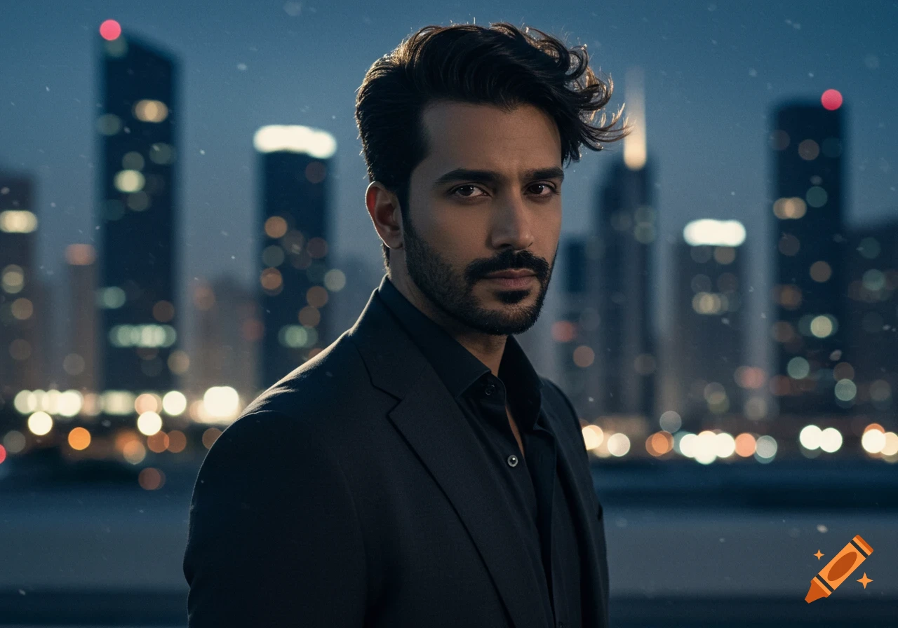 A photorealistic portrait of a serious man with dark hair and a beard, wearing a dark suit, against a blurred city night background.