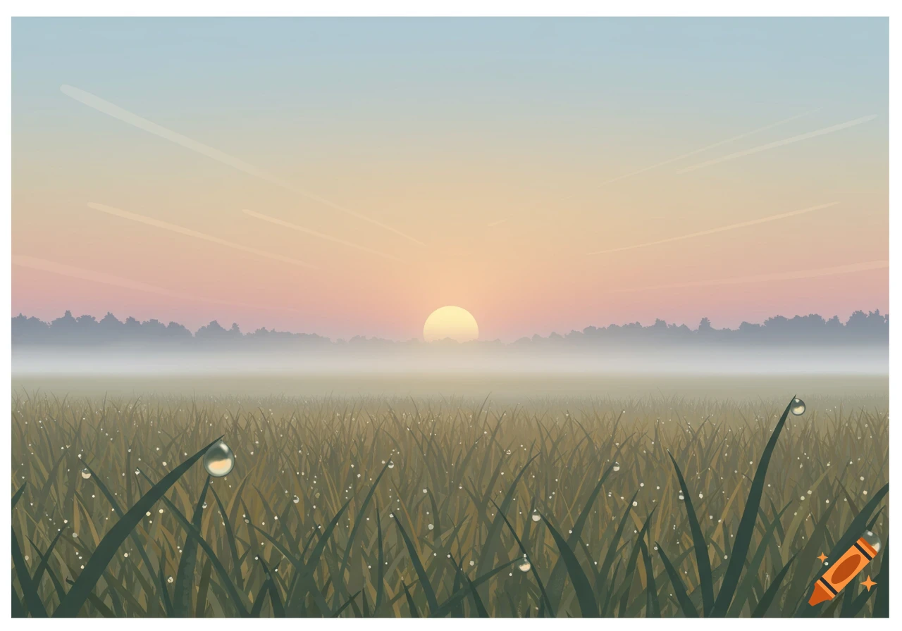 Sunrise over a misty field with dew drops on blades of grass, in an illustrated style.
