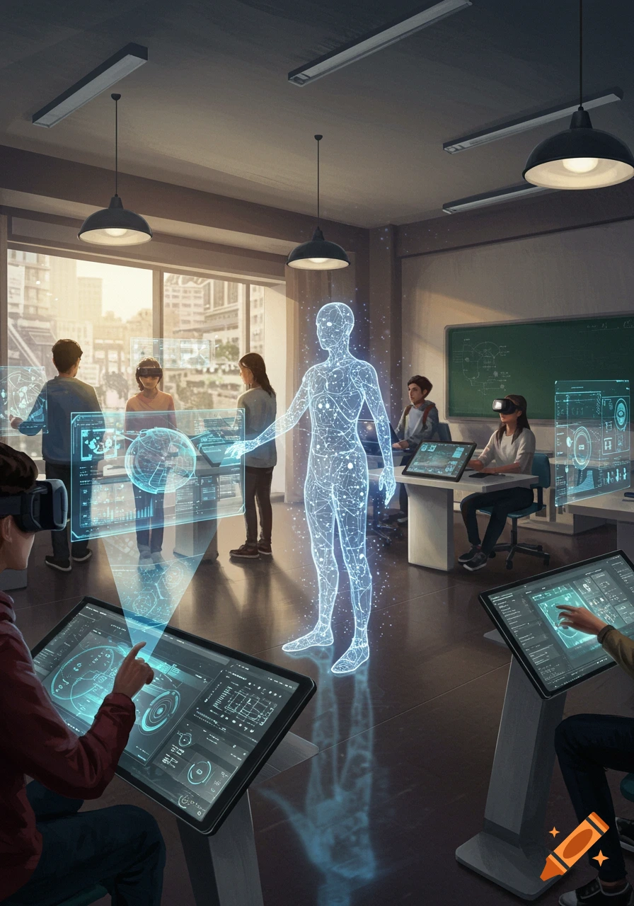 Students in a digital classroom using VR headsets and interacting with holographic displays and a projected human figure.