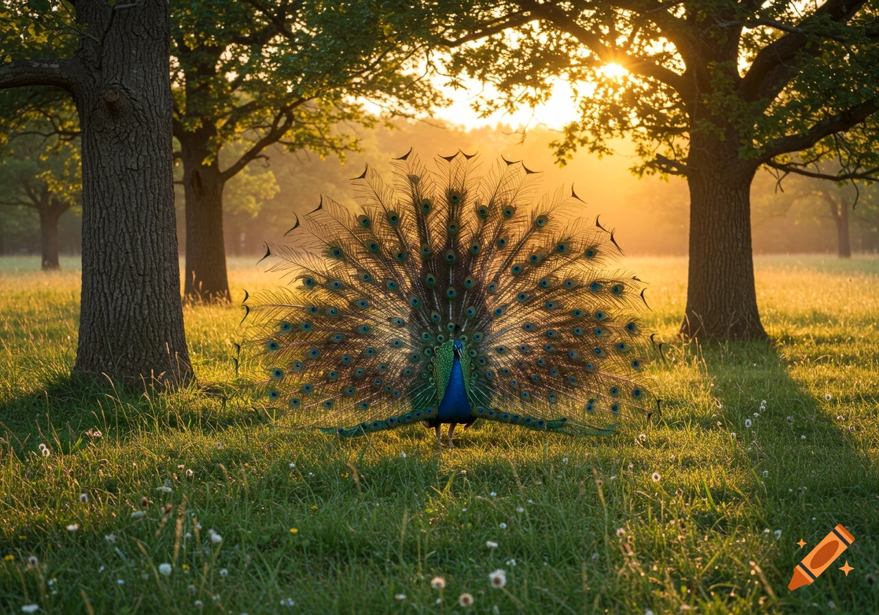 A vibrant peacock displays its fanned tail feathers in a golden sunlit grassy field with trees in the background.