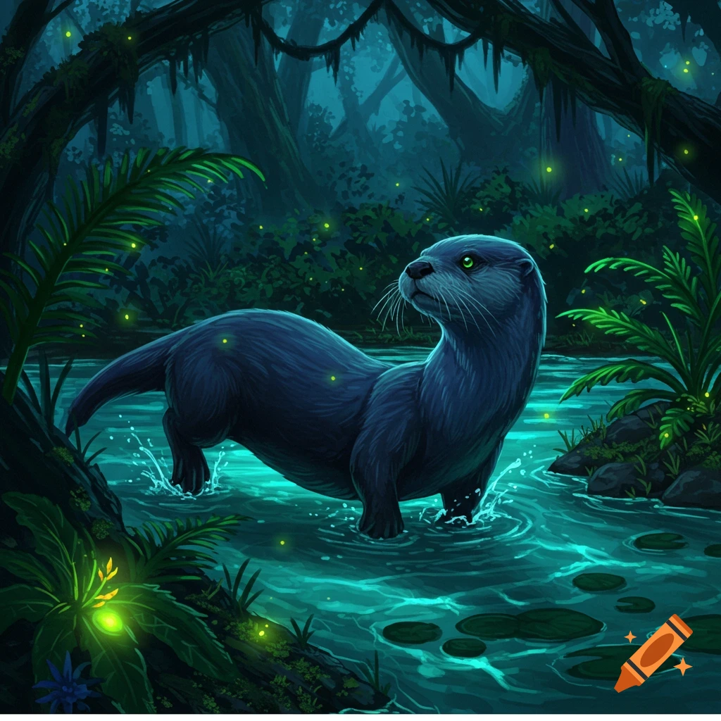 An otter-like creature with glowing green eyes stands in moonlit water amidst a bioluminescent fantasy forest.