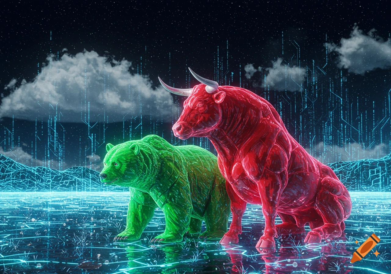A red bull and a green bear stand in a futuristic digital landscape with glowing blue lines and data streams.