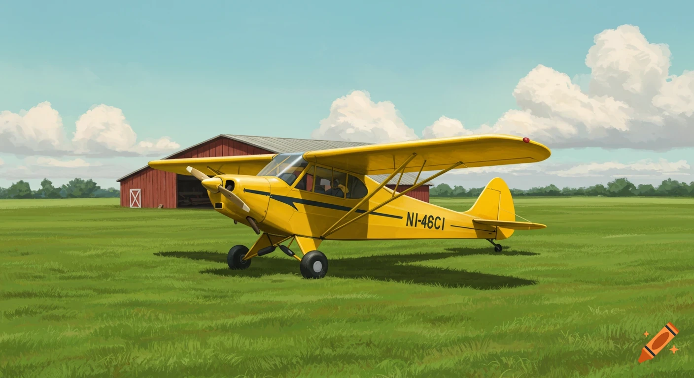 A yellow Piper J-3 Cub airplane sits on a green grass airfield with a red barn in the background, illustrated.