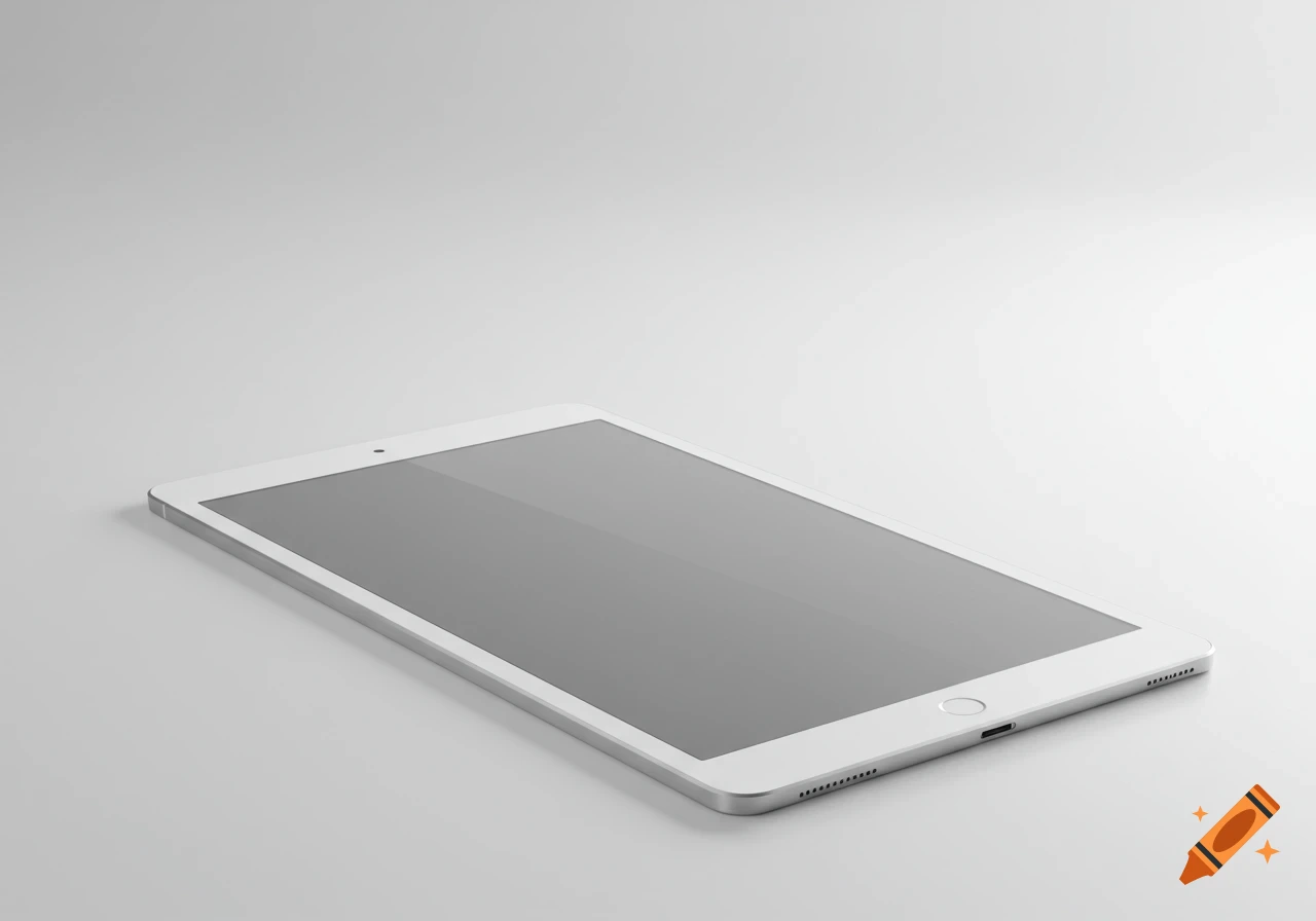 A white tablet, resembling an iPad, angled on a light gray surface in a minimalist style.
