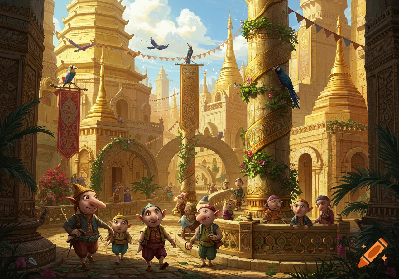 Detailed fantasy illustration of small, elf-like creatures in a bustling ancient golden city with ornate buildings and birds.