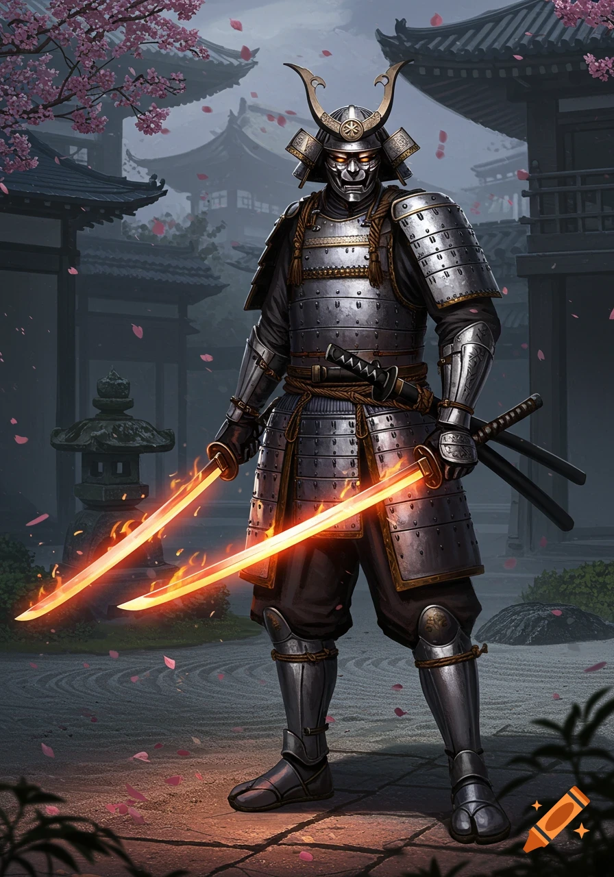 A samurai in silver armor and horned helmet holds two glowing swords in a Japanese garden with cherry blossoms.