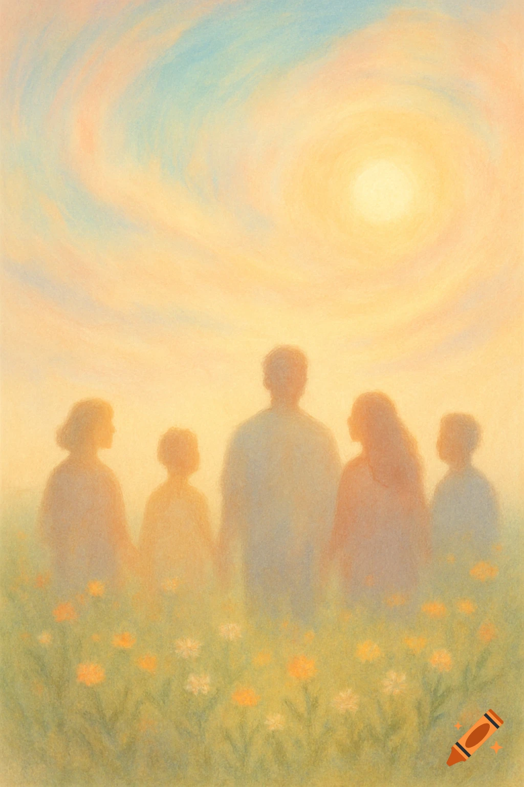 Ethereal painting of five undetailed figures, likely a family, in a flower field under a bright, swirling sky.