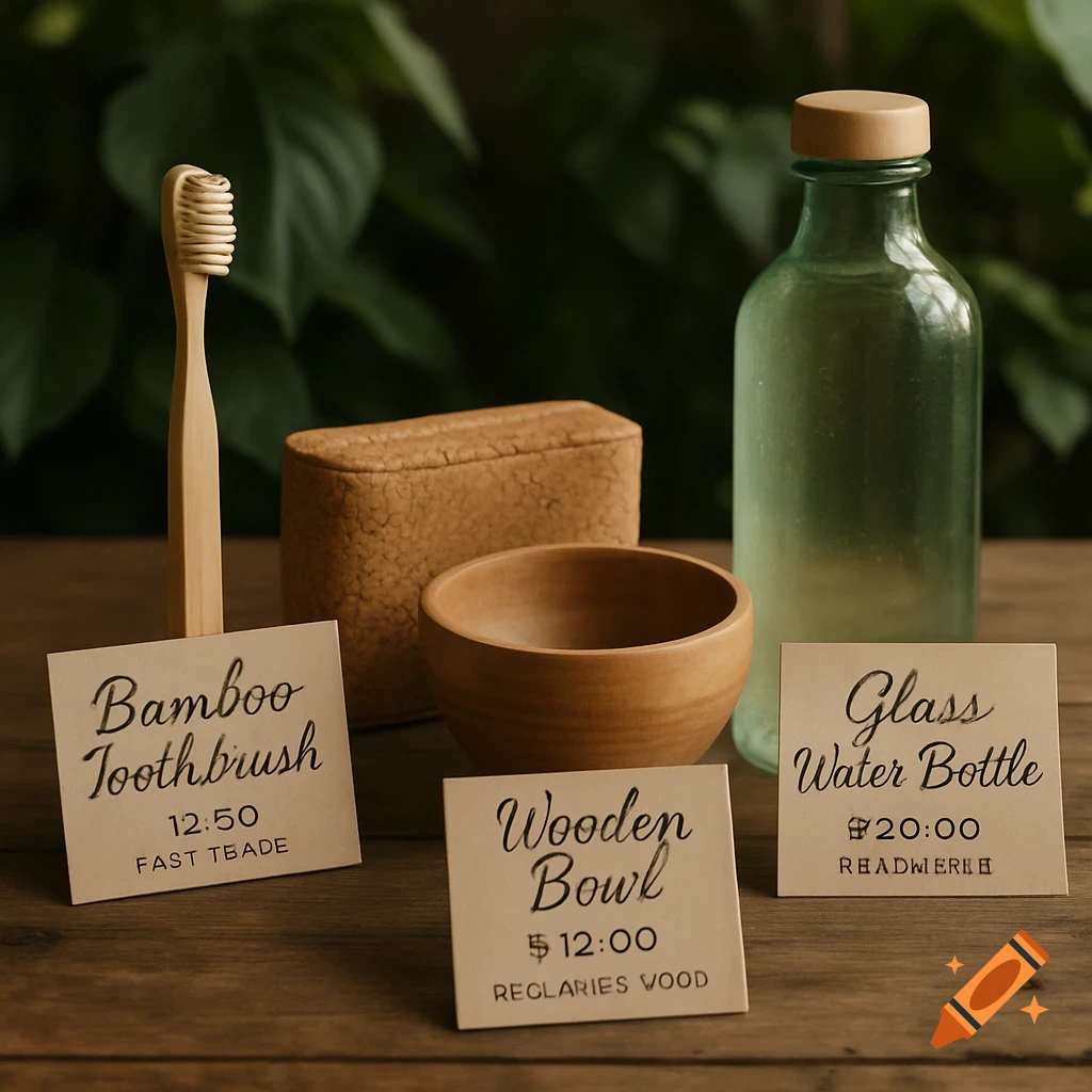 A close-up shot of sustainable products on a wooden surface, including a bamboo toothbrush, a cork soap dish, a wooden bowl, and a glass water bottle, each with a price tag.
