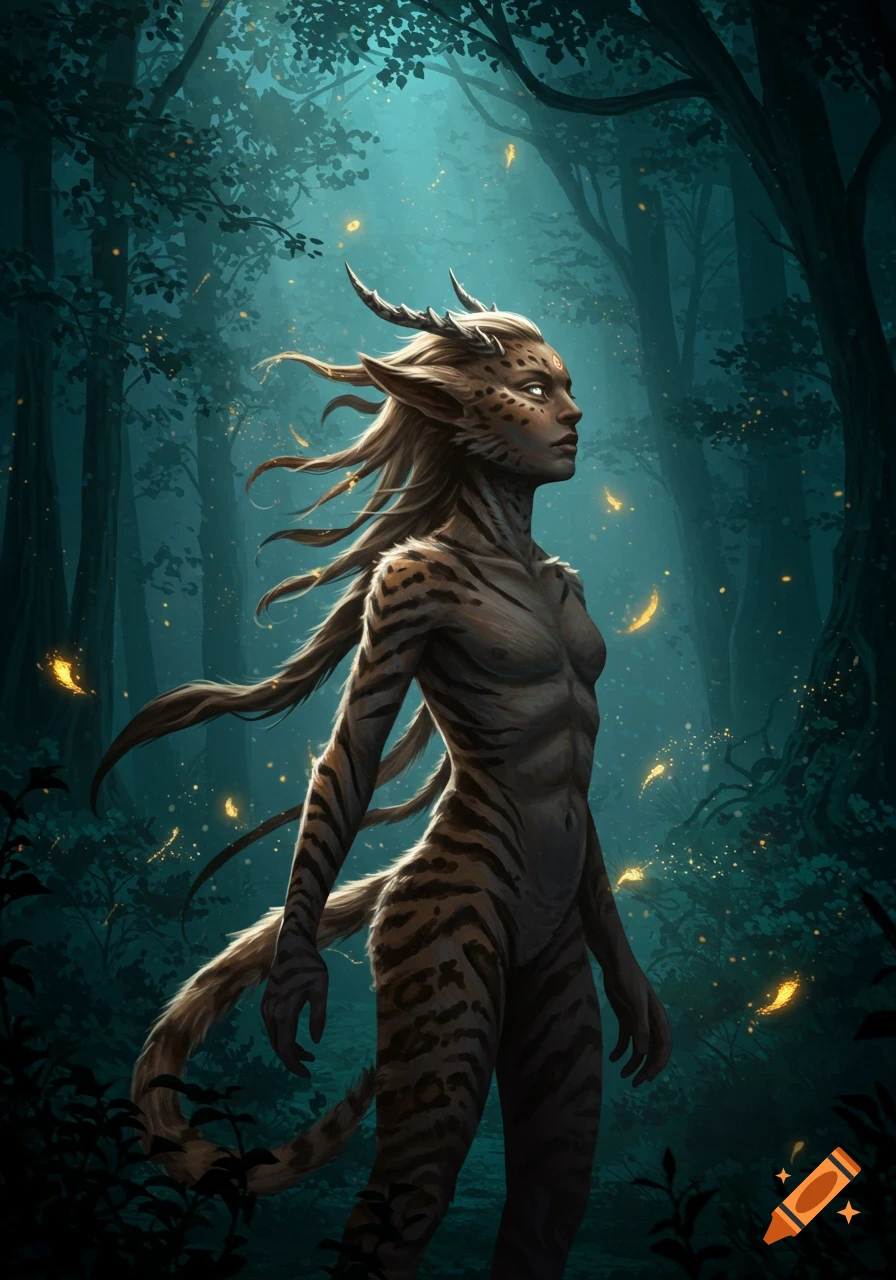 A horned, feline-patterned humanoid creature with glowing eyes stands in a dark, mystical forest with glowing particles.