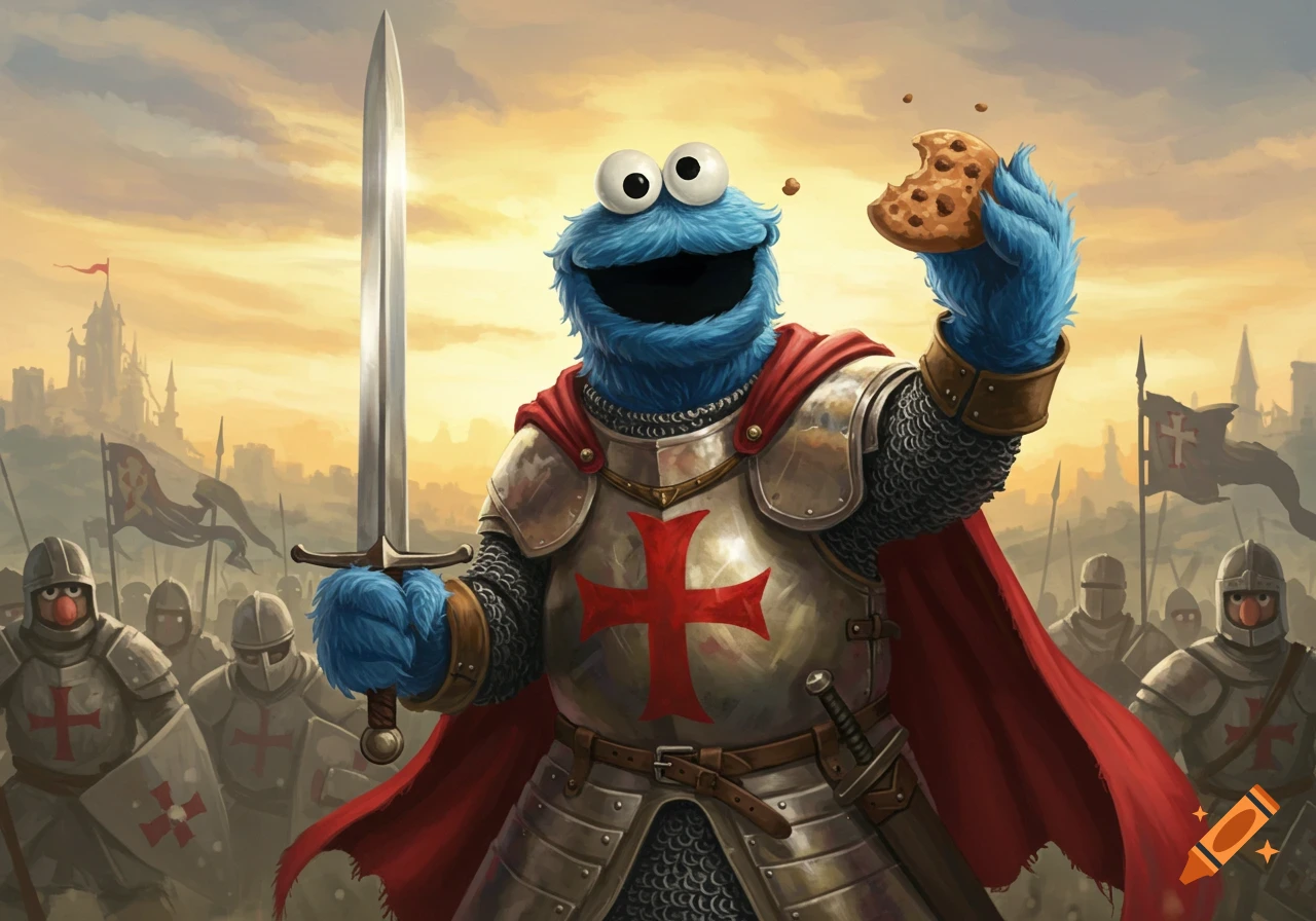 Cookie Monster as a medieval crusader in armor and red cape, holding a sword and a bitten cookie, with a castle and soldiers in the background.