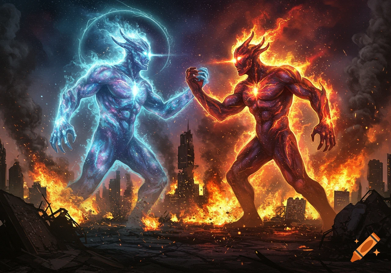 Blue cosmic being and red fiery demon battle in a devastated, burning city, digital art style.