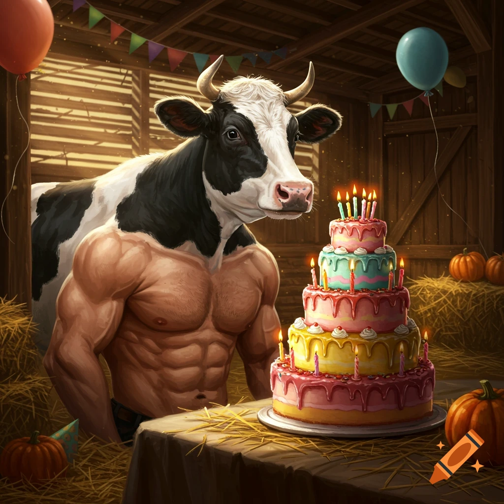 Muscular man with a cow head stands in a barn next to a large tiered birthday cake, with balloons and pumpkins.