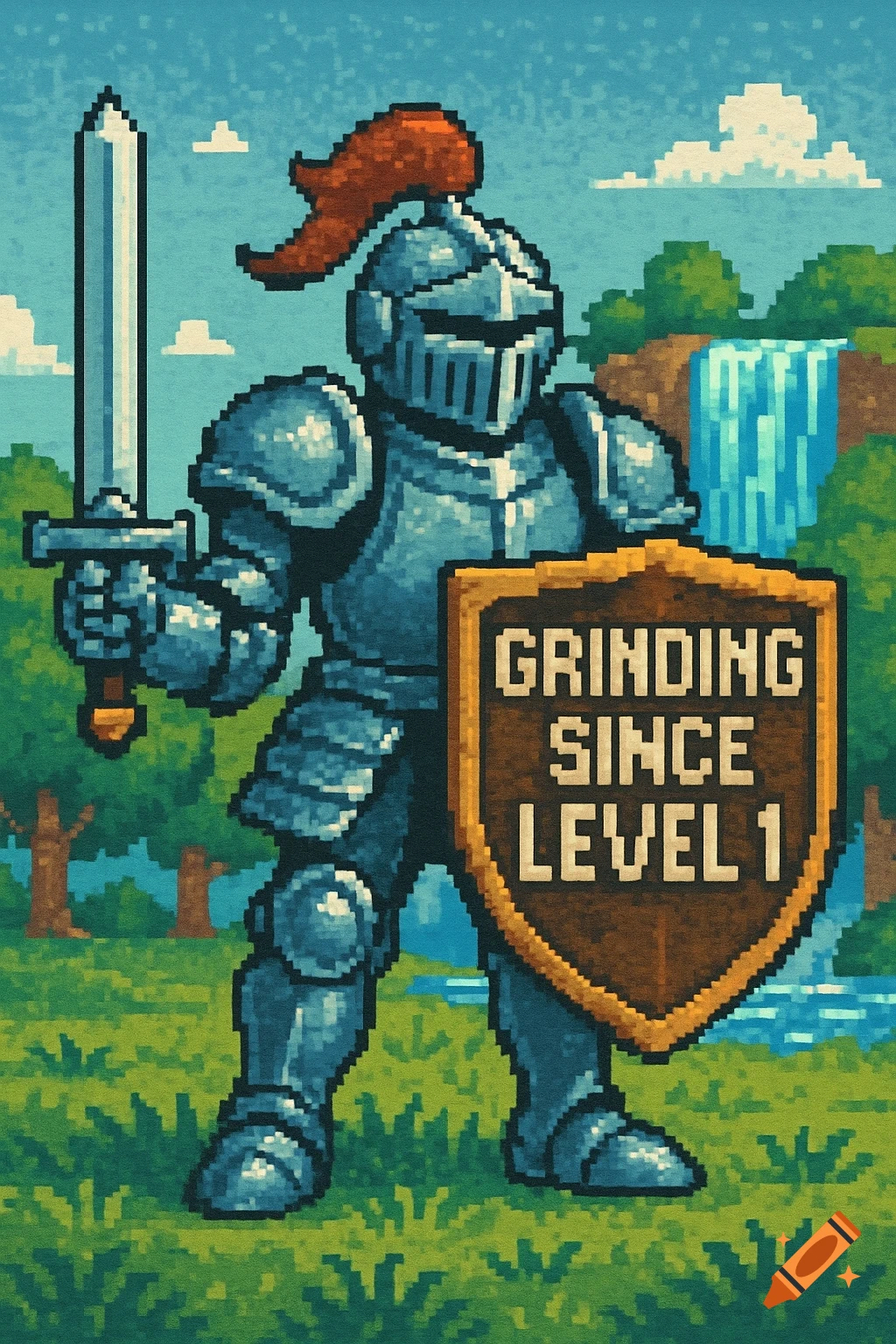 A pixel art knight in full armor holds a sword and a shield that reads "GRINDING SINCE LEVEL 1" in a green landscape with a waterfall.