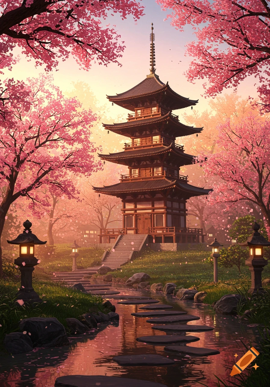 A beautiful Japanese pagoda stands amidst vibrant pink cherry blossom trees, with a winding stone path over a stream leading to its entrance.