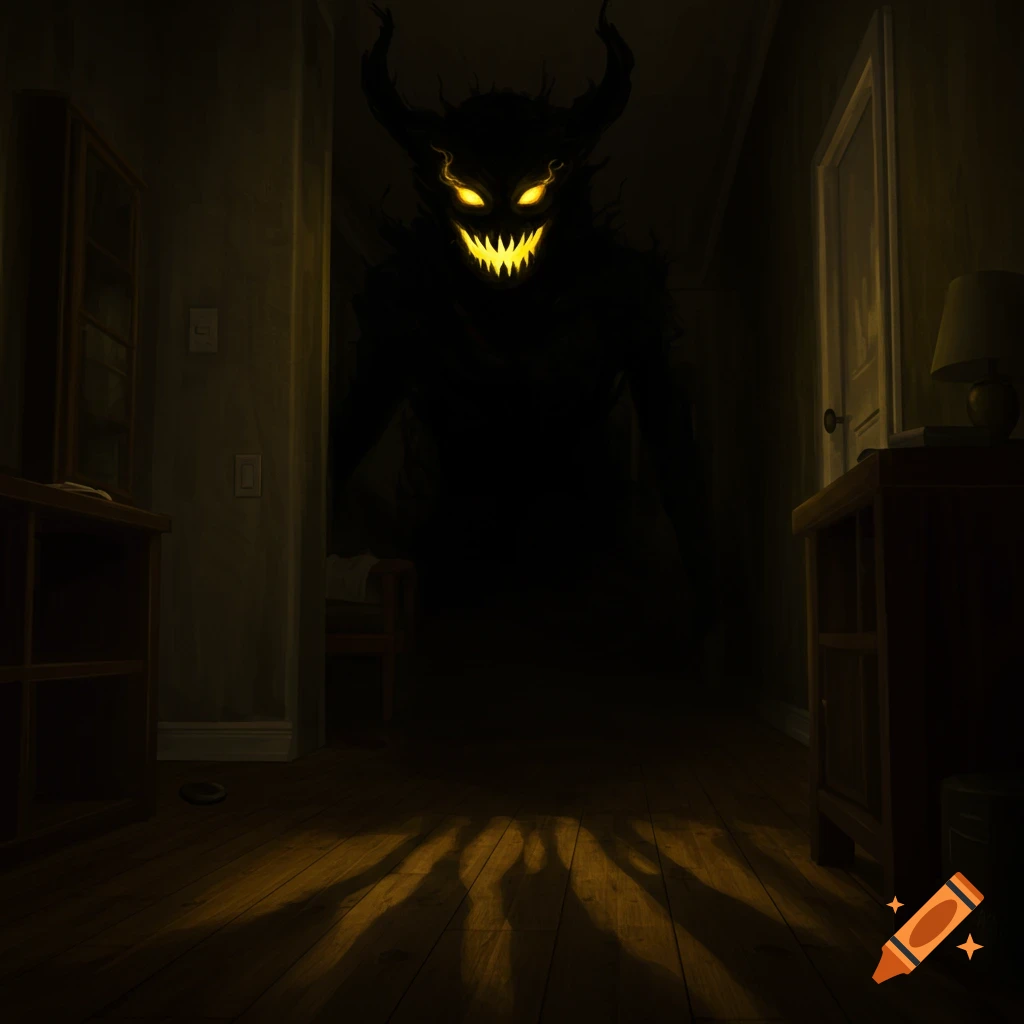A shadowy horned demon with glowing yellow eyes and a sharp-toothed grin stands in a dark hallway.