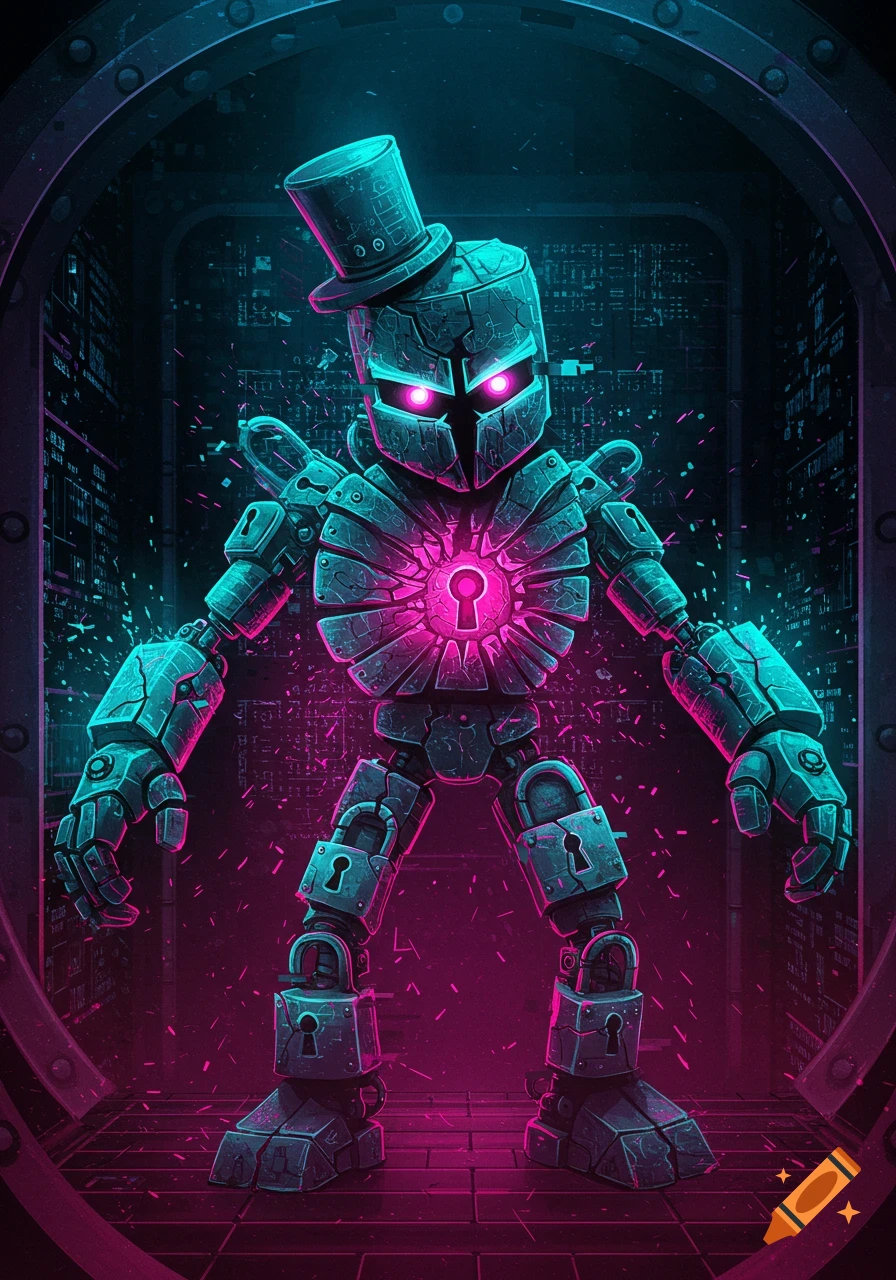 An arcade-style cyber villain made of cracked locks and broken keys, with glowing pink eyes and a keyhole chest, stands in a dark vault with glitchy neon effects.