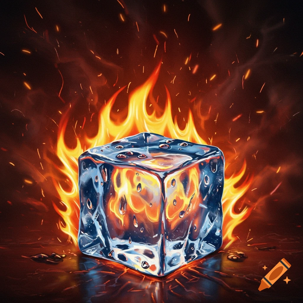 A crystal clear ice cube stands amidst vibrant orange flames and flying embers, covered in water droplets. Digital illustration.