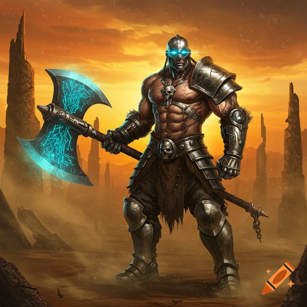 Muscular cyborg barbarian with glowing blue eyes and axe in a desolate, orange-sky, rocky landscape.