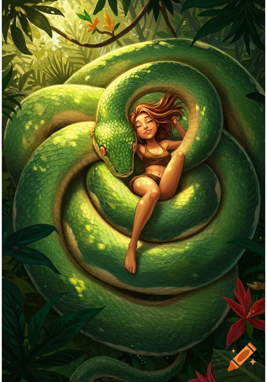 Vibrant illustration of a smiling young woman resting in the coils of a large green snake in a lush jungle.