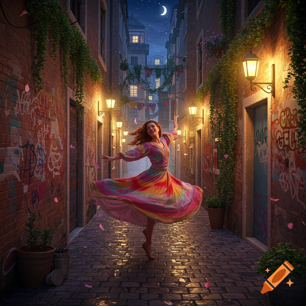 A woman in a colorful dress dances in a lamp-lit urban alley at night, with graffiti on brick walls and a crescent moon.