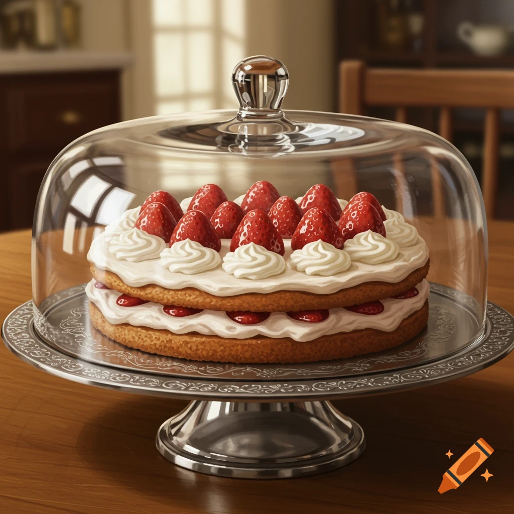 A photorealistic strawberry cake with whipped cream and fresh strawberries on a silver cake stand under a glass dome.