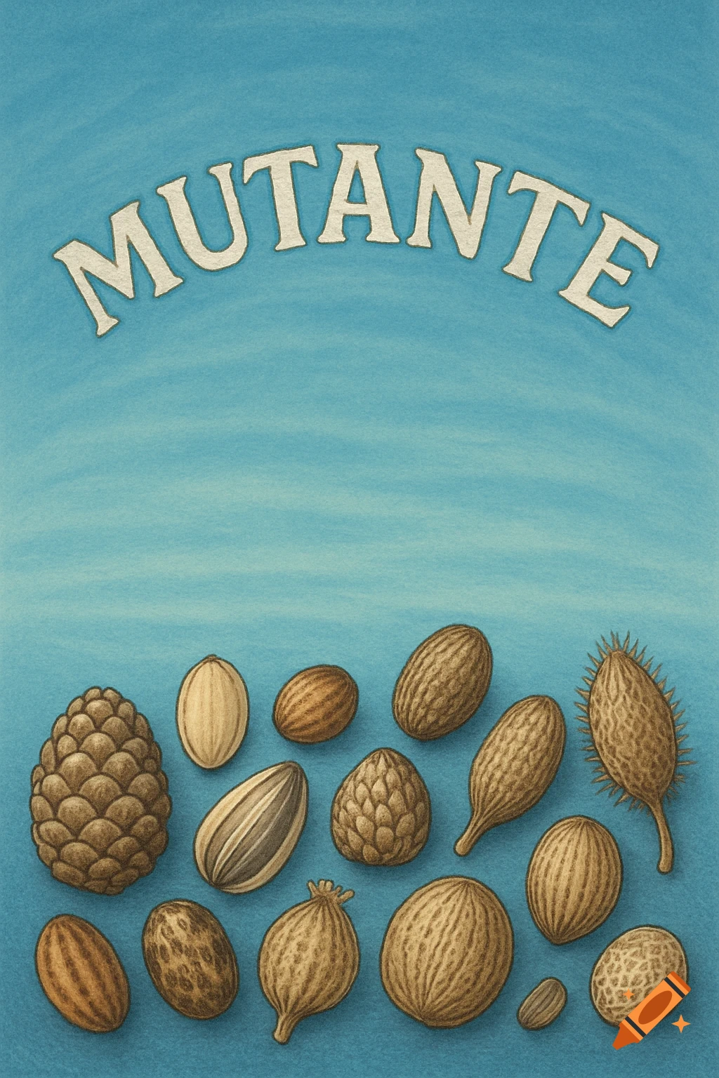 An illustration of various brown seeds and nuts at the bottom of a blue background, with the word 'MUTANTE' arched across the top.