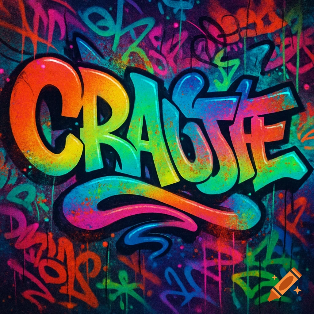 Bold, colorful graffiti art spelling 'CRAGSTE' with vibrant spray paint effects and a chaotic urban background.