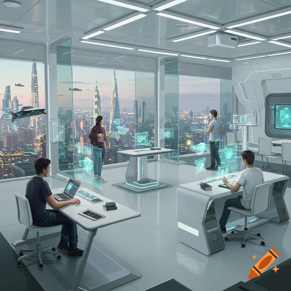 A bright, modern futuristic classroom or office with large windows overlooking a sprawling city with flying vehicles. People interact with holographic displays and laptops.