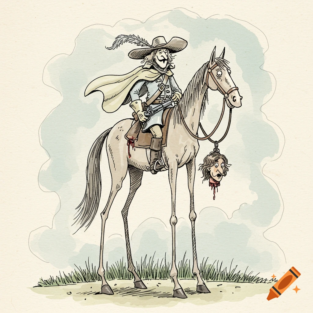 A comical Quentin Blake-style illustration of a smiling highway robber on a tall, thin horse, with a severed head hanging from the horse's bridle.