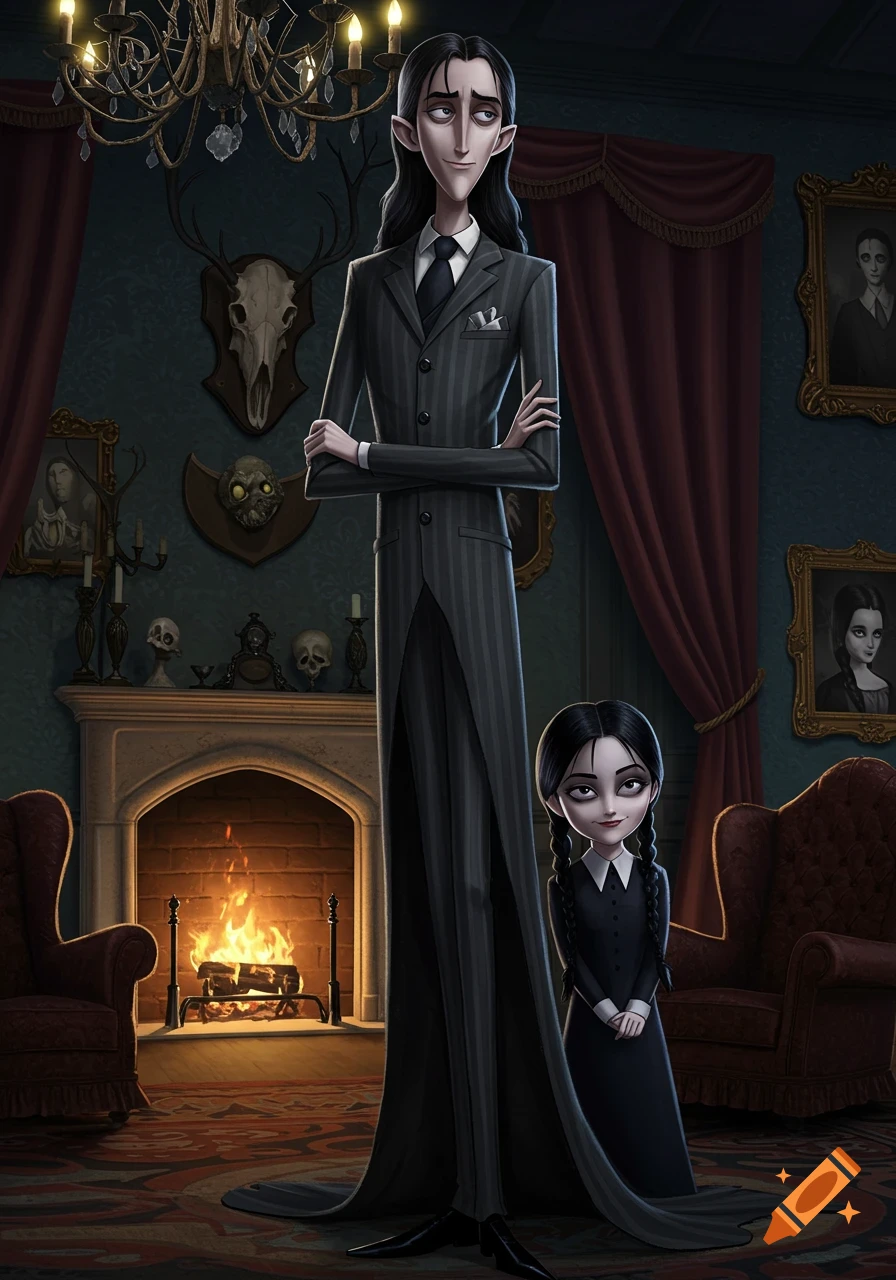 A tall, slim man with long dark hair stands with arms crossed next to a small girl with braided pigtails in a gothic room with a fireplace.